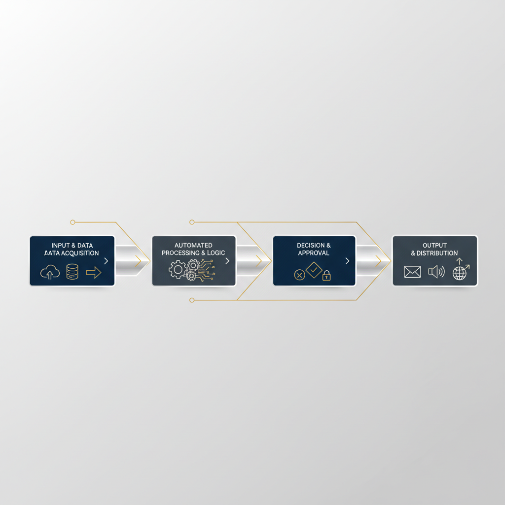 An infographic illustrating a clear, step-by-step custom website development process using an automated workflow diagram with interconnected geometric shapes and directional markers.