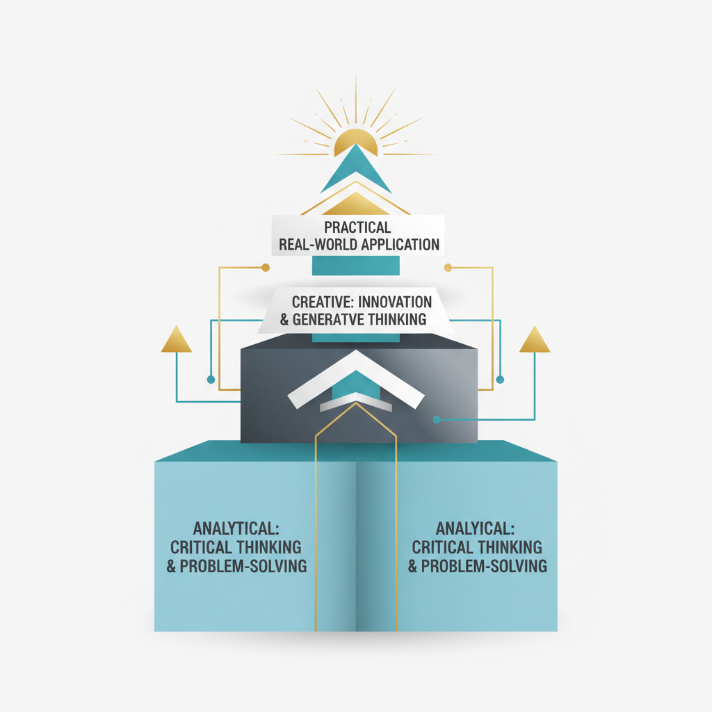 An infographic illustrating a layered, upward progression of strategies and steps designed to enhance an individual's triarchic intelligences, using geometric shapes and accent colors.