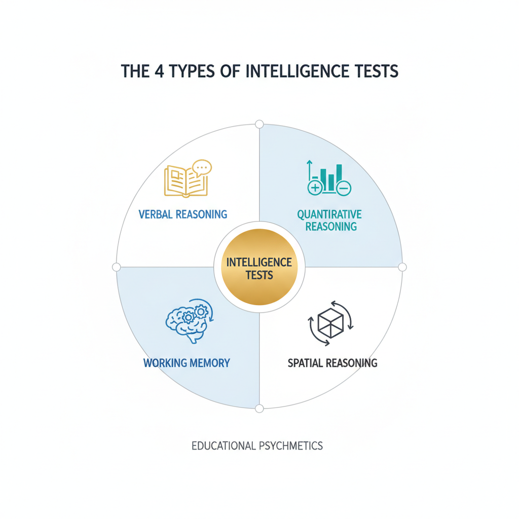 An infographic illustrating four distinct types of intelligence tests with conceptual icons and labels, arranged symmetrically.