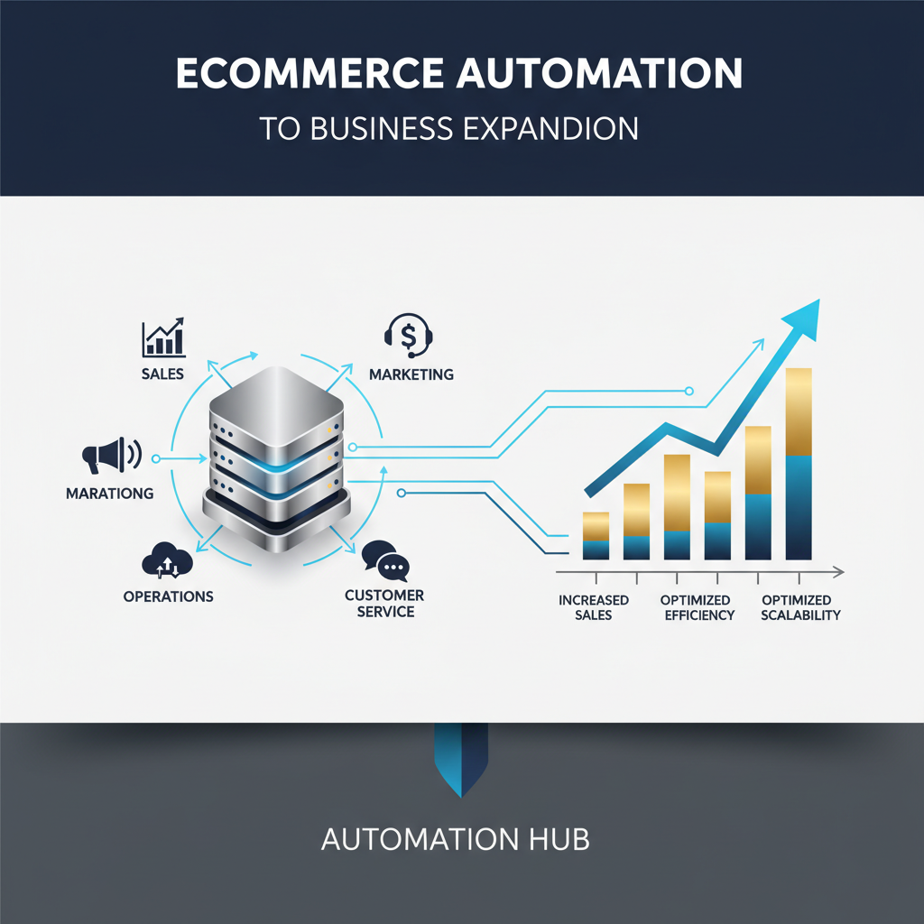 An infographic illustrating how a central automation hub streamlines various ecommerce business functions, leading to significant growth depicted by an ascending chart.