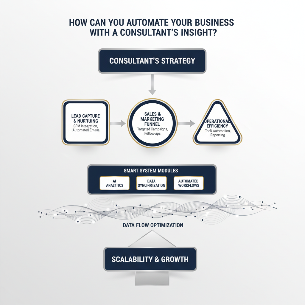 An infographic illustrating how a consultant's insight can automate a business, showing an interconnected digital workflow, streamlined processes, and data integration within a clean, technical design.