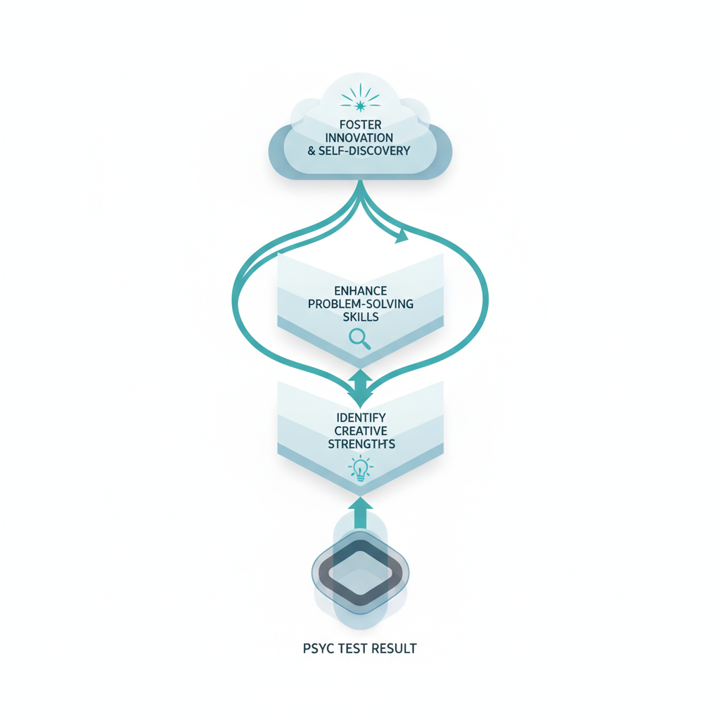 An infographic illustrating how psychological test results can lead to understanding creative strengths, identifying growth areas, enhancing problem-solving, and fostering innovation, shown as a layered progression.