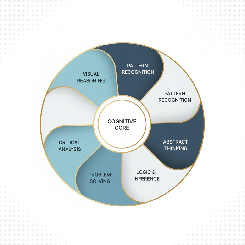 An infographic illustrating the cognitive skills measured by the Raven Test, represented as a radial competency map with distinct sections for visual reasoning, pattern recognition, and abstract thinking.