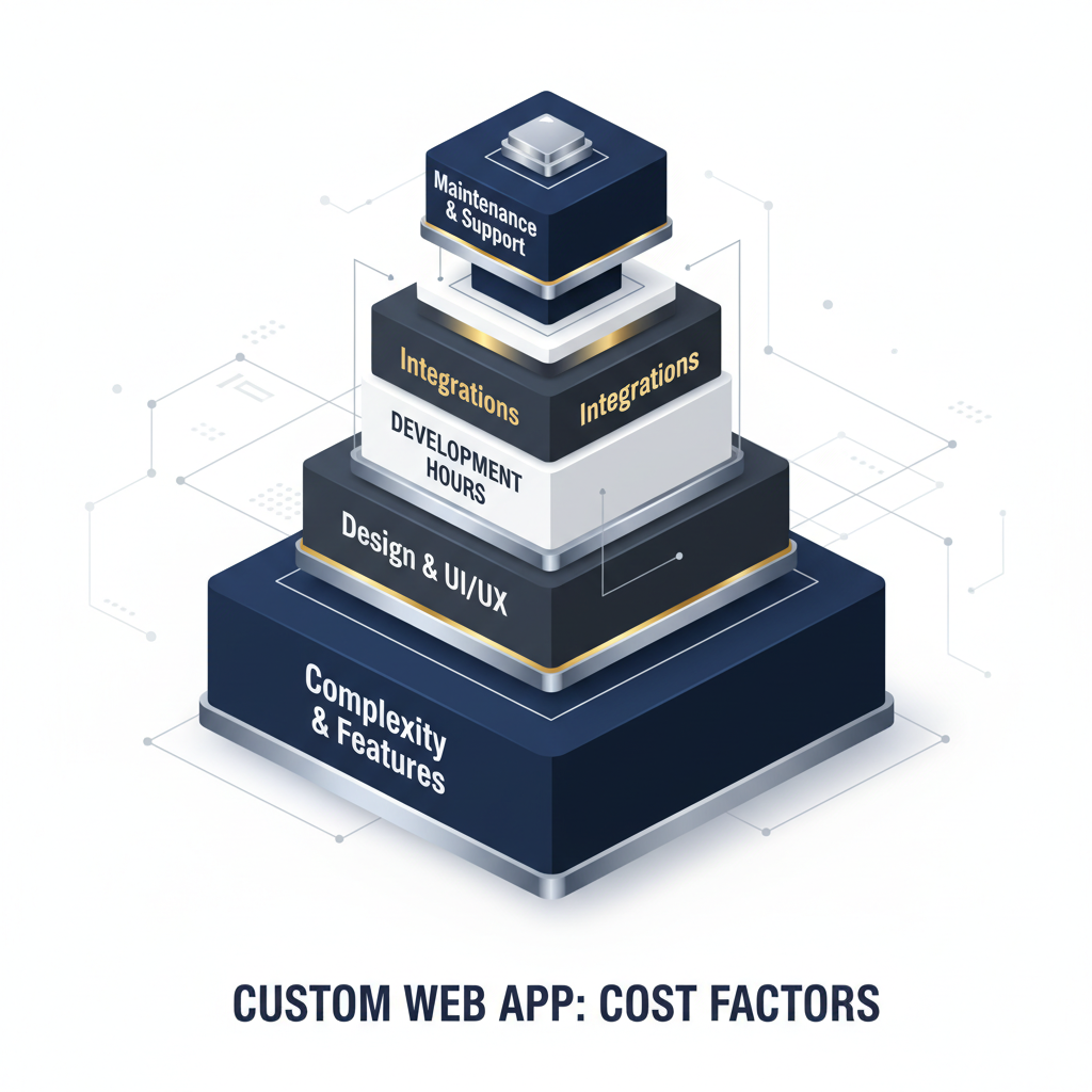 An infographic illustrating the key cost factors of building a custom web app, depicted as a multi-layered, isometric stack with sections for complexity, design, development, integrations, and maintenance.
