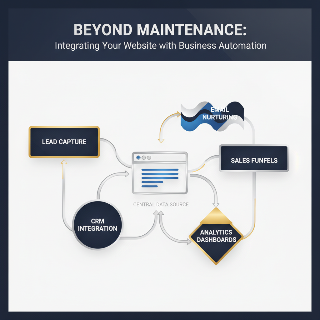 An infographic illustrating the seamless integration of a website into broader business automation workflows, moving beyond basic maintenance to drive efficiency and growth.