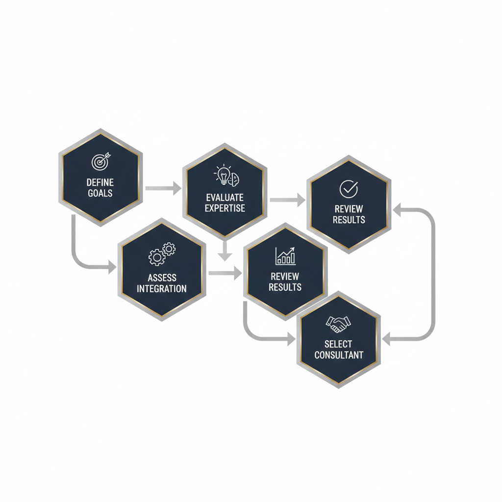 An infographic outlining a step-by-step framework for choosing the right e-business consultant, using interconnected geometric shapes and icons to represent key decision points and a clear progression.