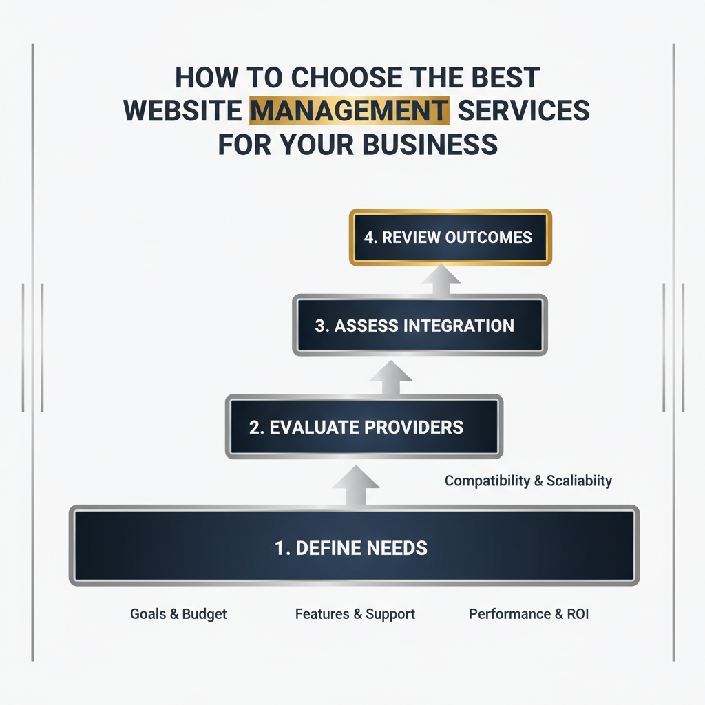 An infographic presenting a clear, multi-step process or framework for selecting the most suitable website management services for a business.