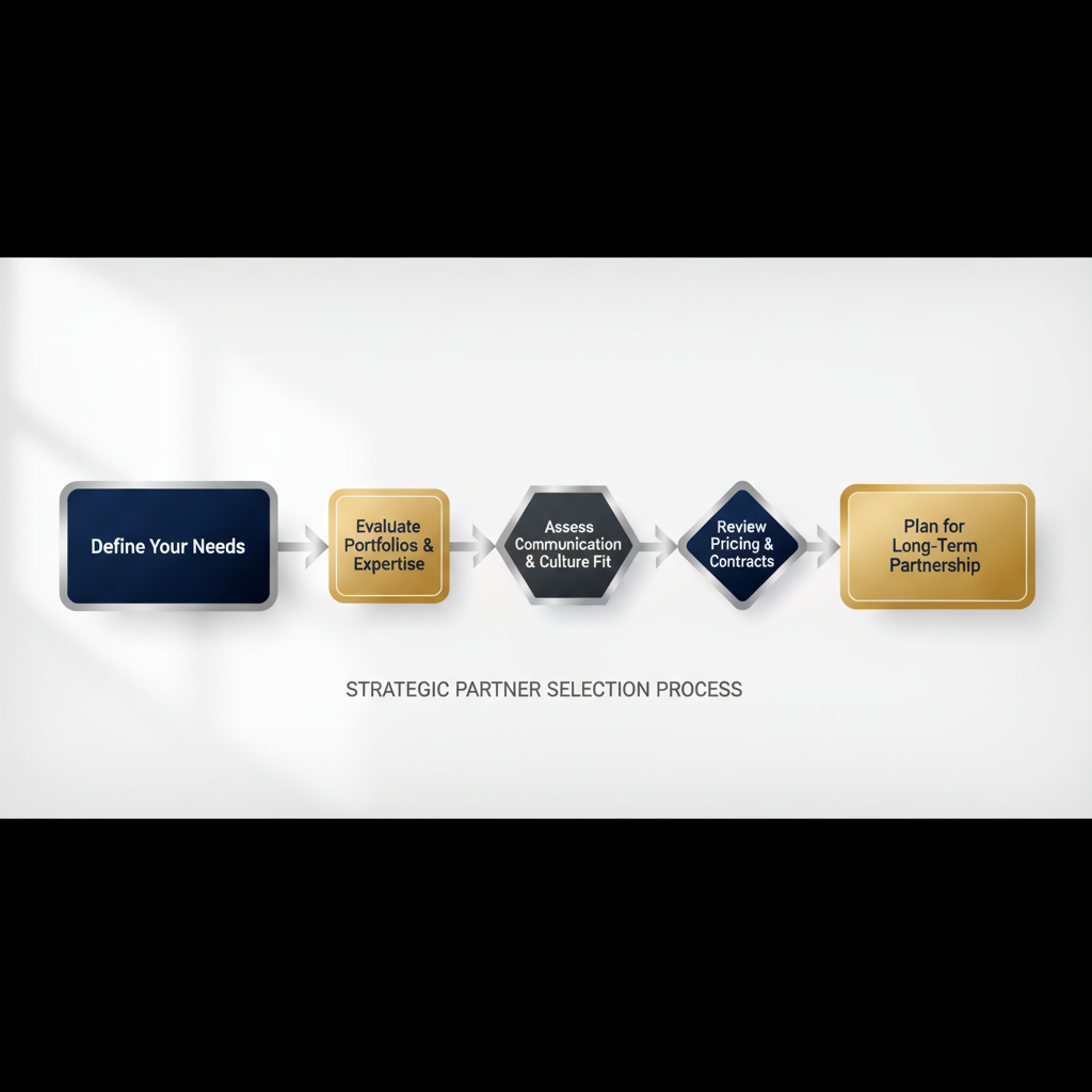 An infographic presenting a step-by-step guide or pipeline for choosing a web application development partner, with distinct stages for defining needs, evaluating expertise, assessing fit, reviewing contracts, and planning partnerships.