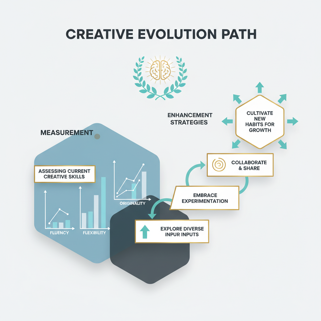 An infographic presenting a stepwise progression of geometric shapes, illustrating how to measure creativity in lower layers and how to enhance it in ascending layers.
