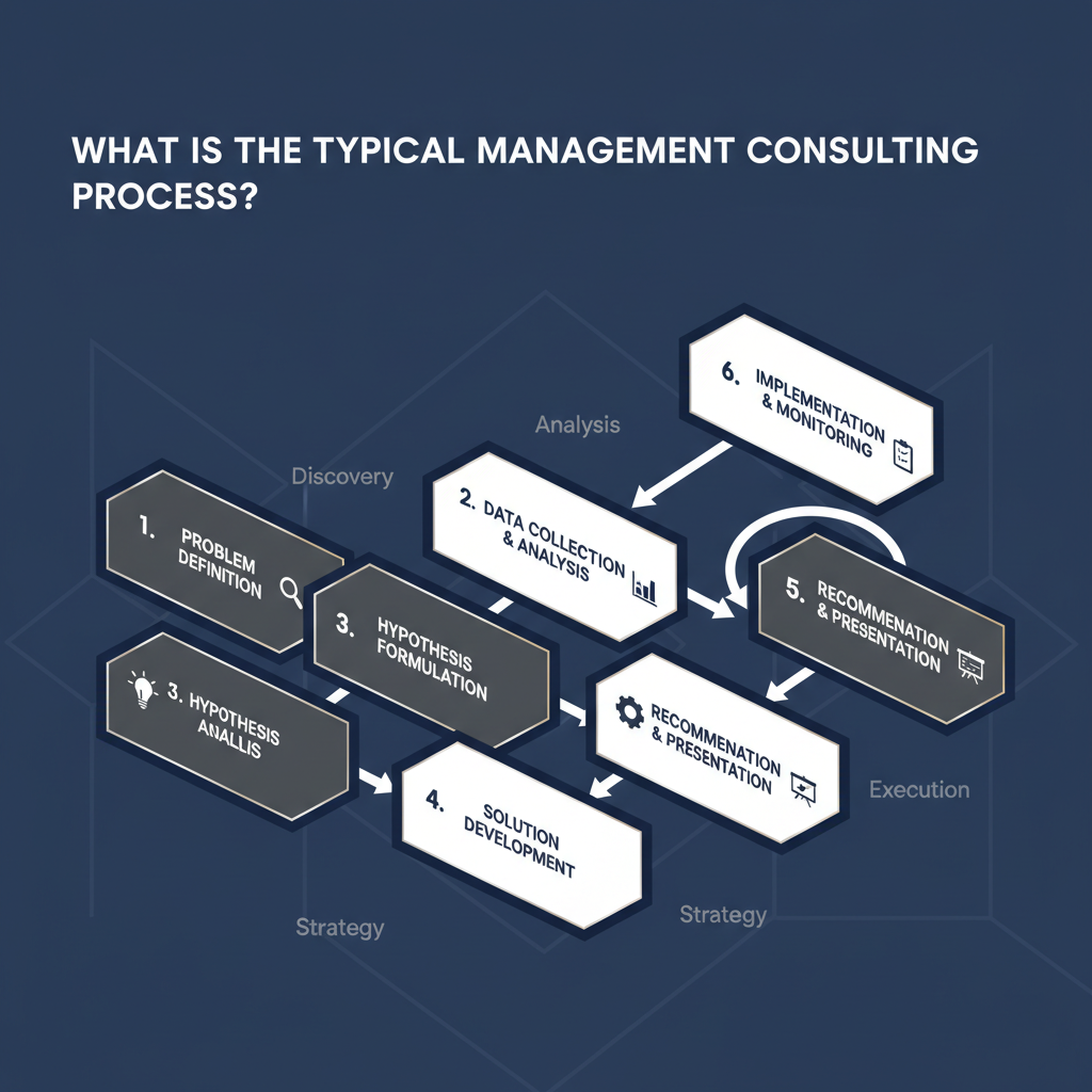 An infographic presenting the typical management consulting process as a clear, step-by-step flow diagram with distinct, labeled stages.