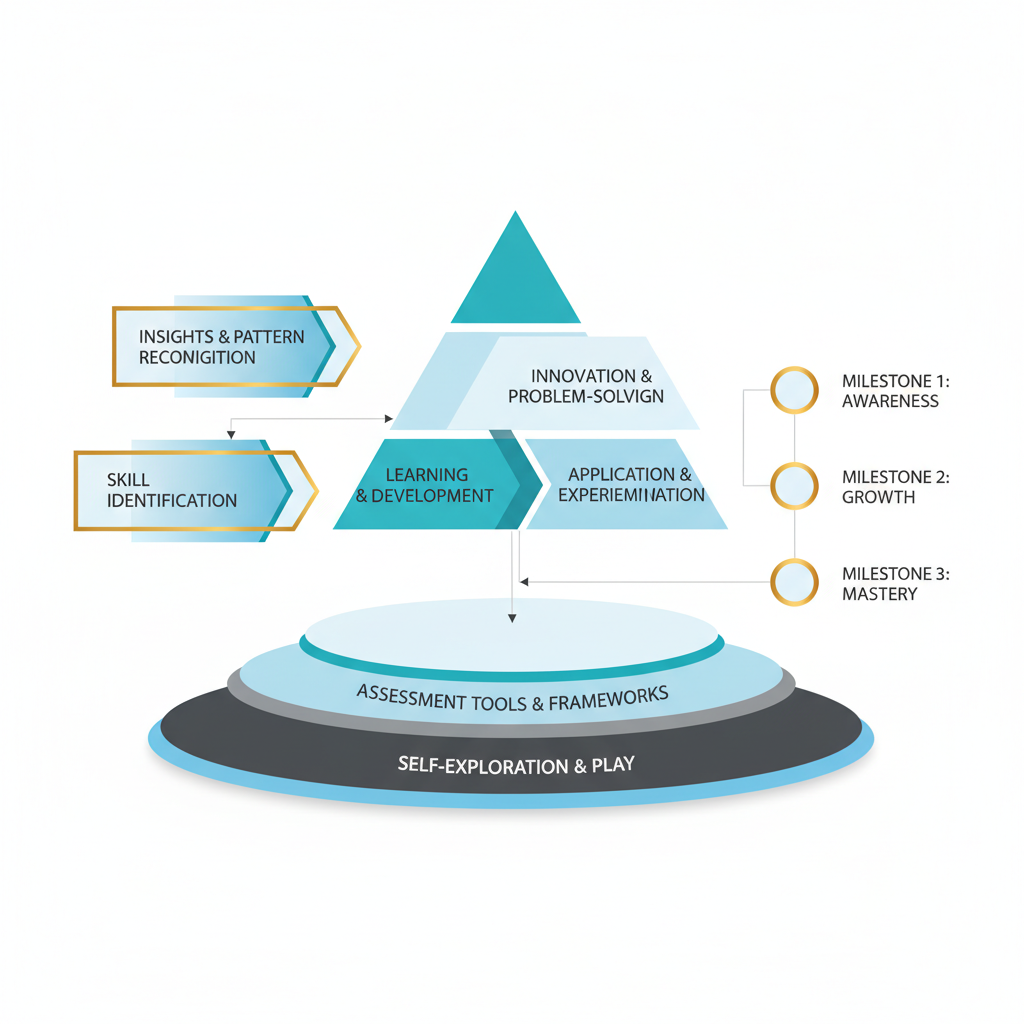 An infographic representing the journey of creativity assessment, depicted as a series of interconnected, abstract steps or layered segments.