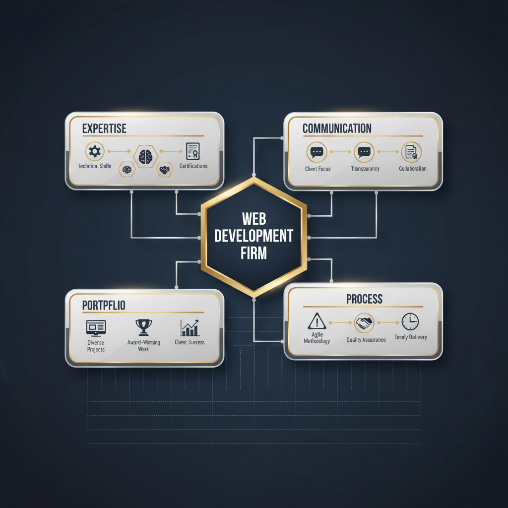 An infographic showcasing a structured framework with interconnected blocks, each representing a key attribute to look for in a top web development firm, using navy, white, charcoal, and silver accents.