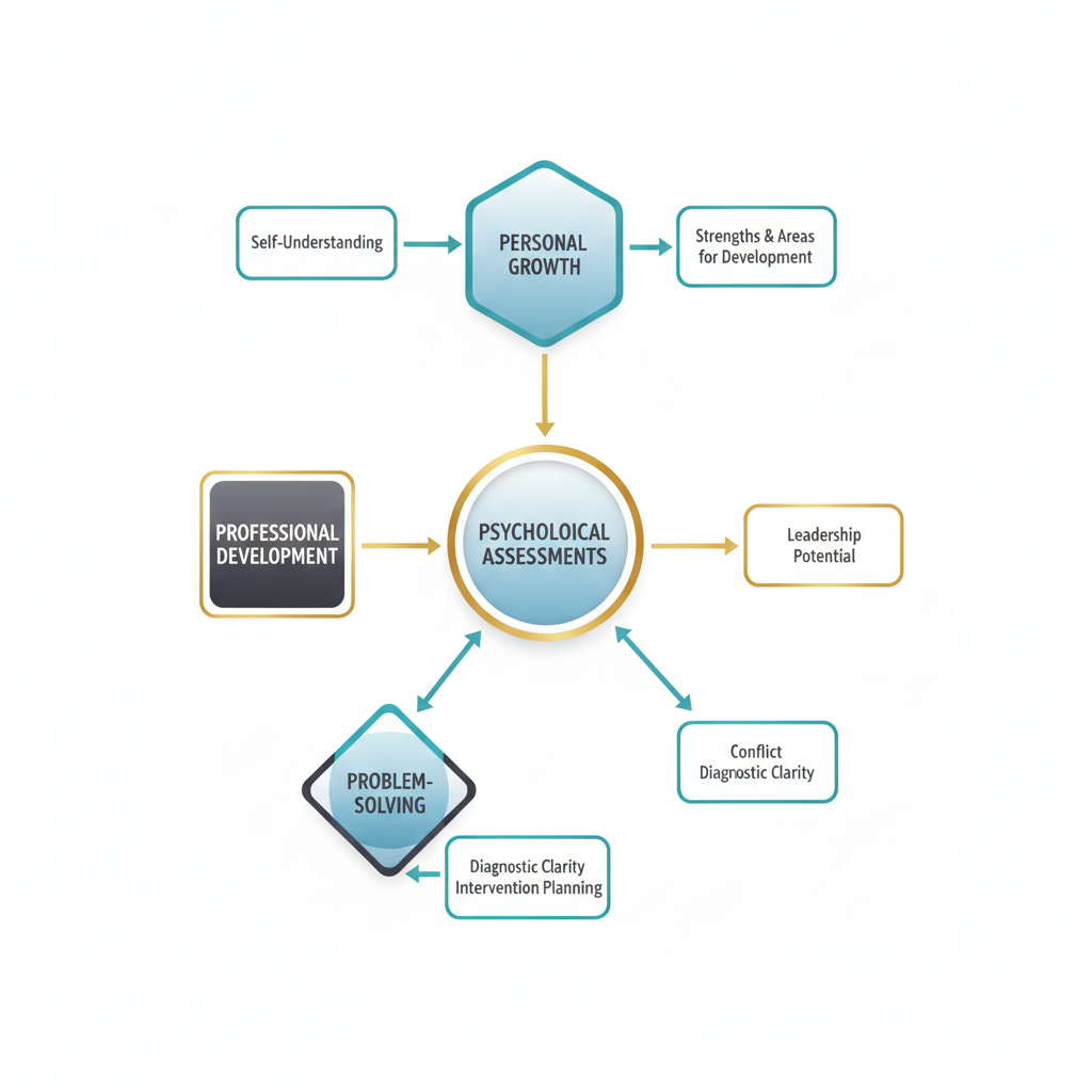 An infographic showcasing diverse real-life applications of psychological assessments through a branching, conceptual network diagram.