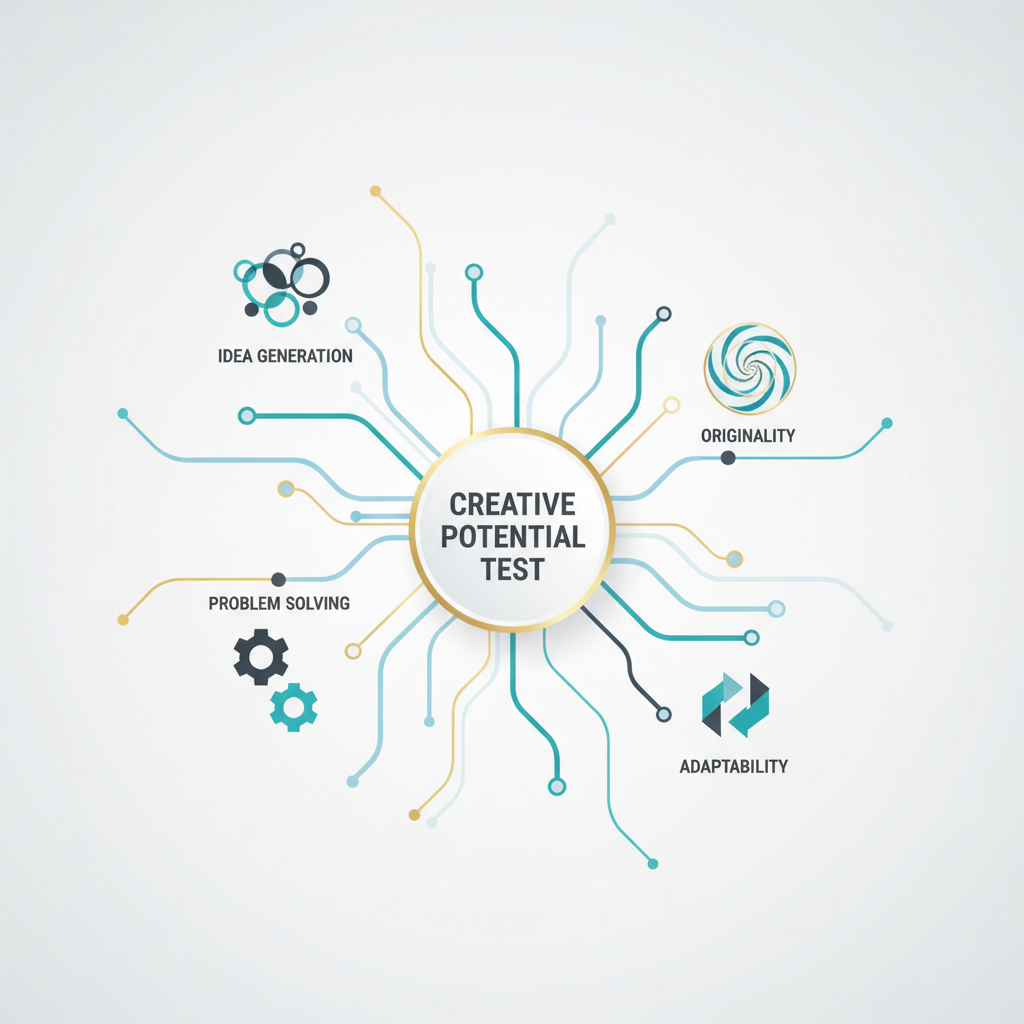 An infographic showing a branching pathway originating from a creative potential test, diverging into different creative skills like idea generation and problem-solving.