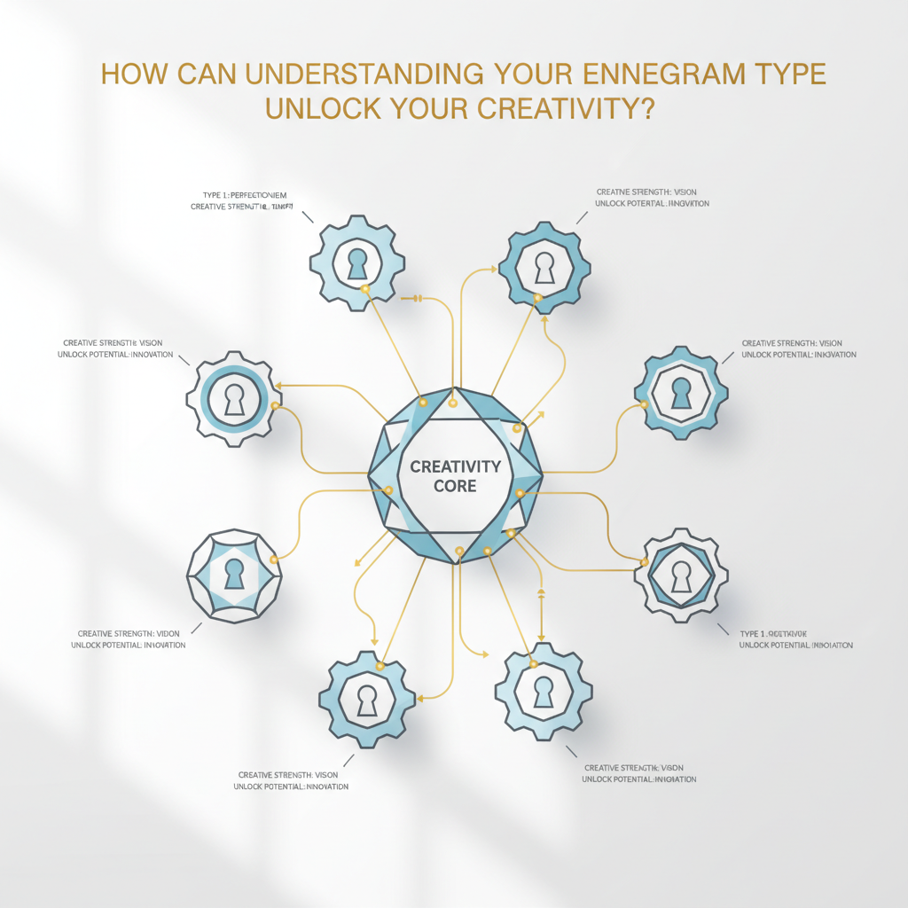An infographic showing a central abstract 'Creativity Core' being activated and unlocked by insights from various distinct Enneagram types, represented by connecting geometric shapes.