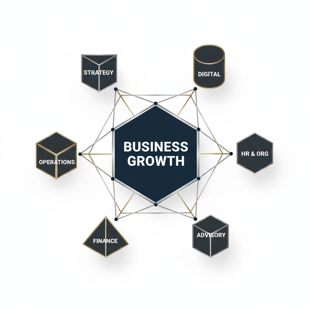 An infographic showing a central 'Business Growth' hub with radiating geometric modules, each representing a different type of management consulting service, in a minimalist style with navy, charcoal, and silver accents.