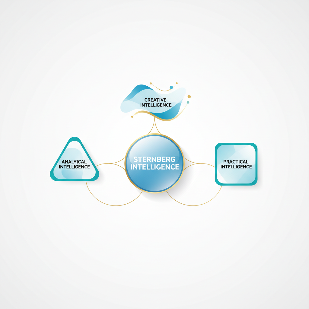 An infographic showing a central concept of Sternberg Intelligence branching into three distinct, interconnected geometric shapes representing Analytical, Creative, and Practical intelligences.