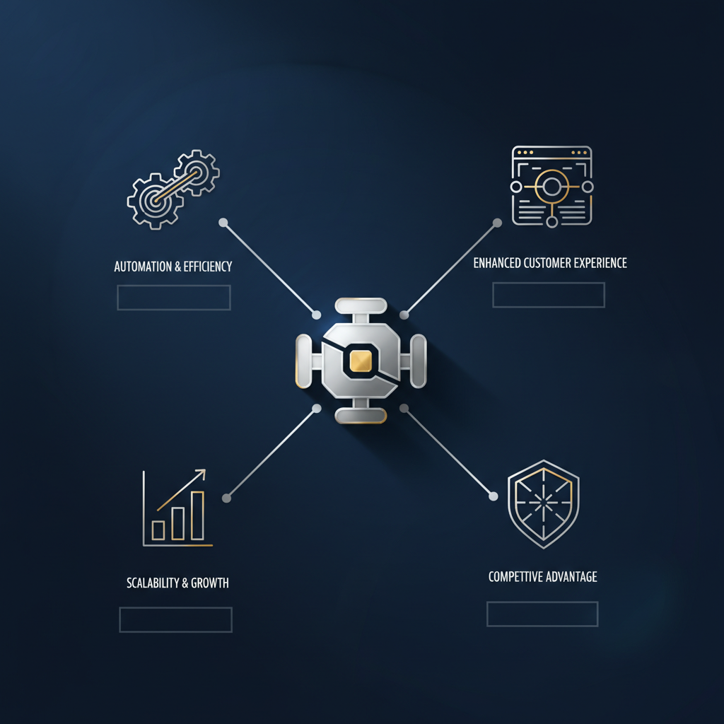 An infographic showing a central custom web app icon with radiating benefits like automation, enhanced customer experience, scalability, and competitive advantage, using geometric shapes and metallic accents.