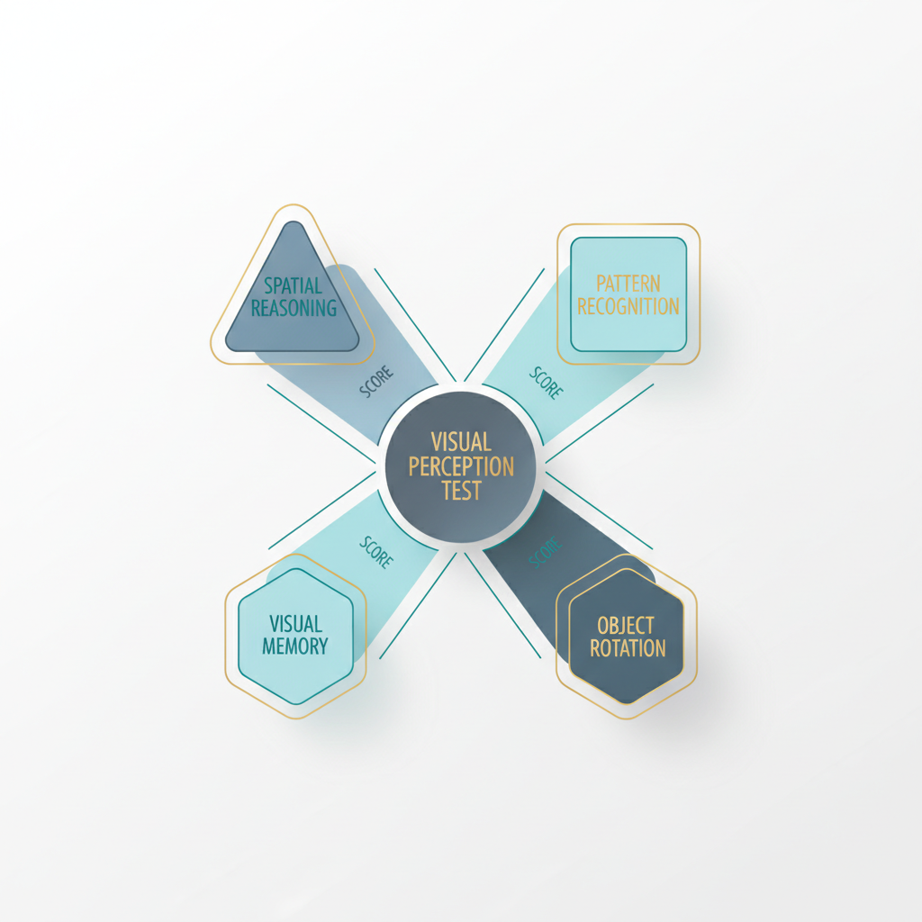 An infographic showing a central node for 'Visual Perception Test' branching out to distinct geometric shapes representing key measurable skills like spatial reasoning and pattern recognition.