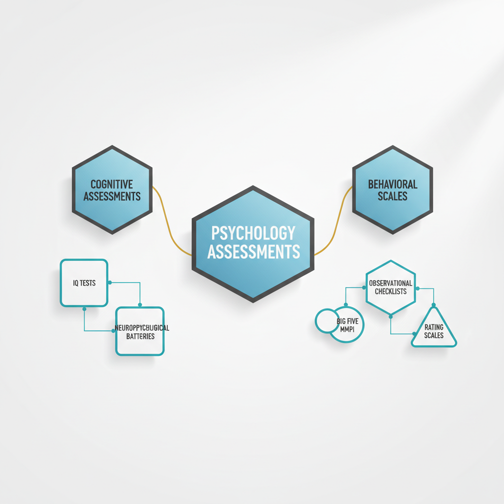 An infographic showing a central node labeled 'Psychology Assessments' branching into three distinct geometric shapes, each representing a different type of assessment category.