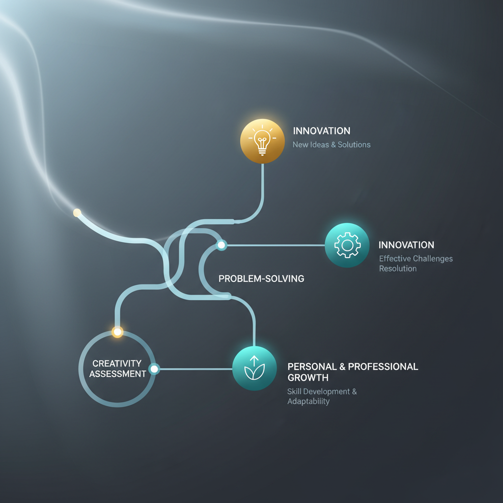 An infographic showing a central path leading to multiple branching opportunities and benefits of a creativity assessment, such as innovation, problem-solving, and personal growth.