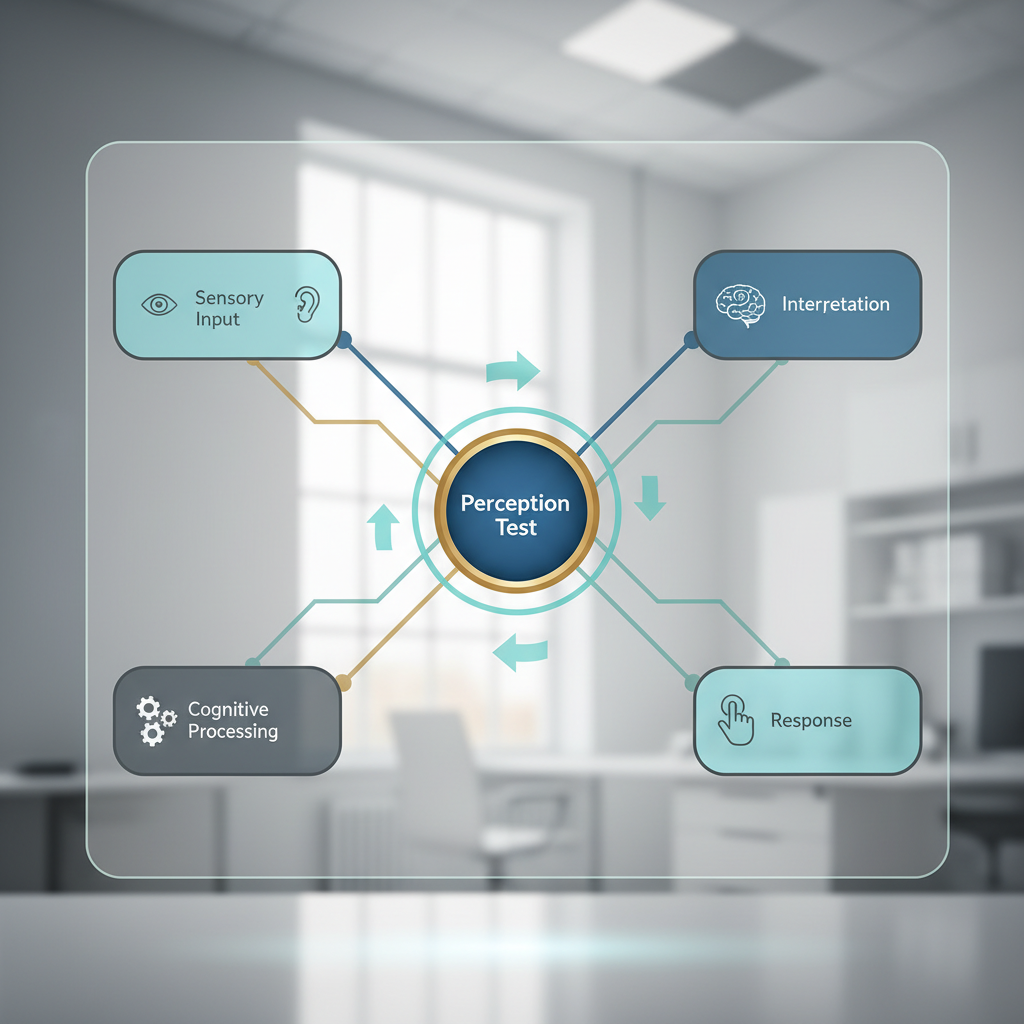 An infographic showing a central 'Perception Test' node branching into 'Sensory Input', 'Interpretation', 'Cognitive Processing', and 'Response', illustrating its components.