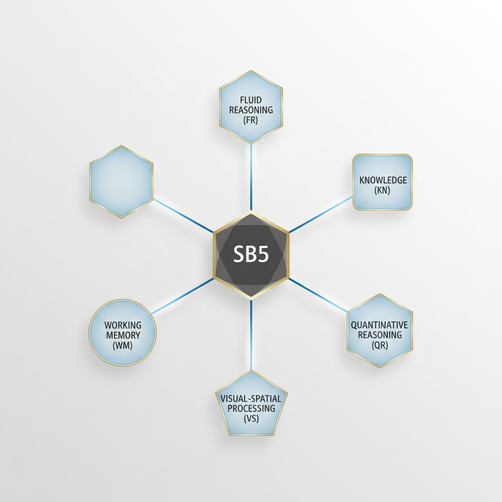 An infographic showing a central point labeled SB5 branching out to five distinct geometric shapes, each representing a measured factor, connected by lines.