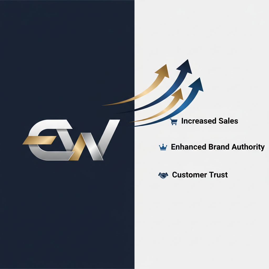 An infographic showing a central professional ecommerce website icon with arrows pointing upwards towards 'Increased Sales', 'Enhanced Brand Authority', and 'Customer Trust', illustrating its critical role in business growth.