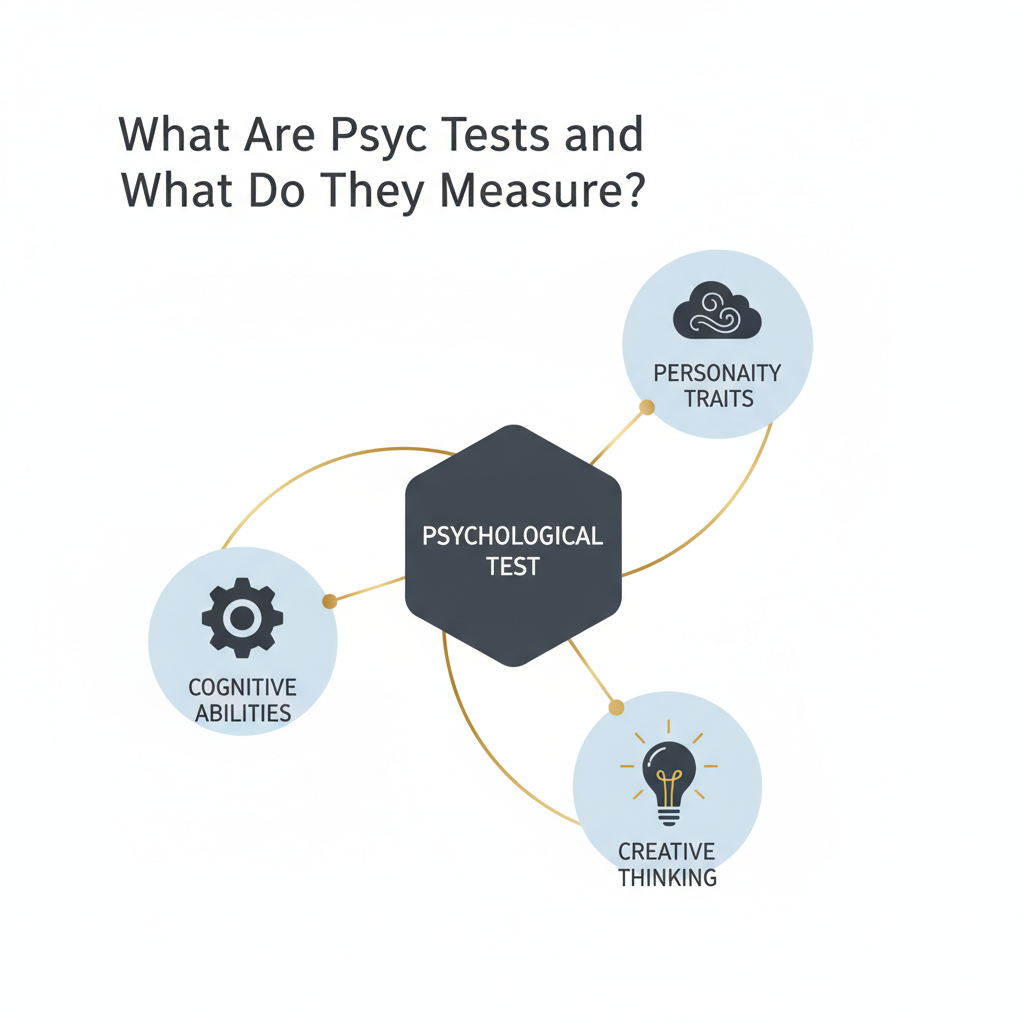 An infographic showing a central psychological test branching out to measure cognitive abilities, personality traits, and creative thinking, represented by geometric shapes and simple icons.