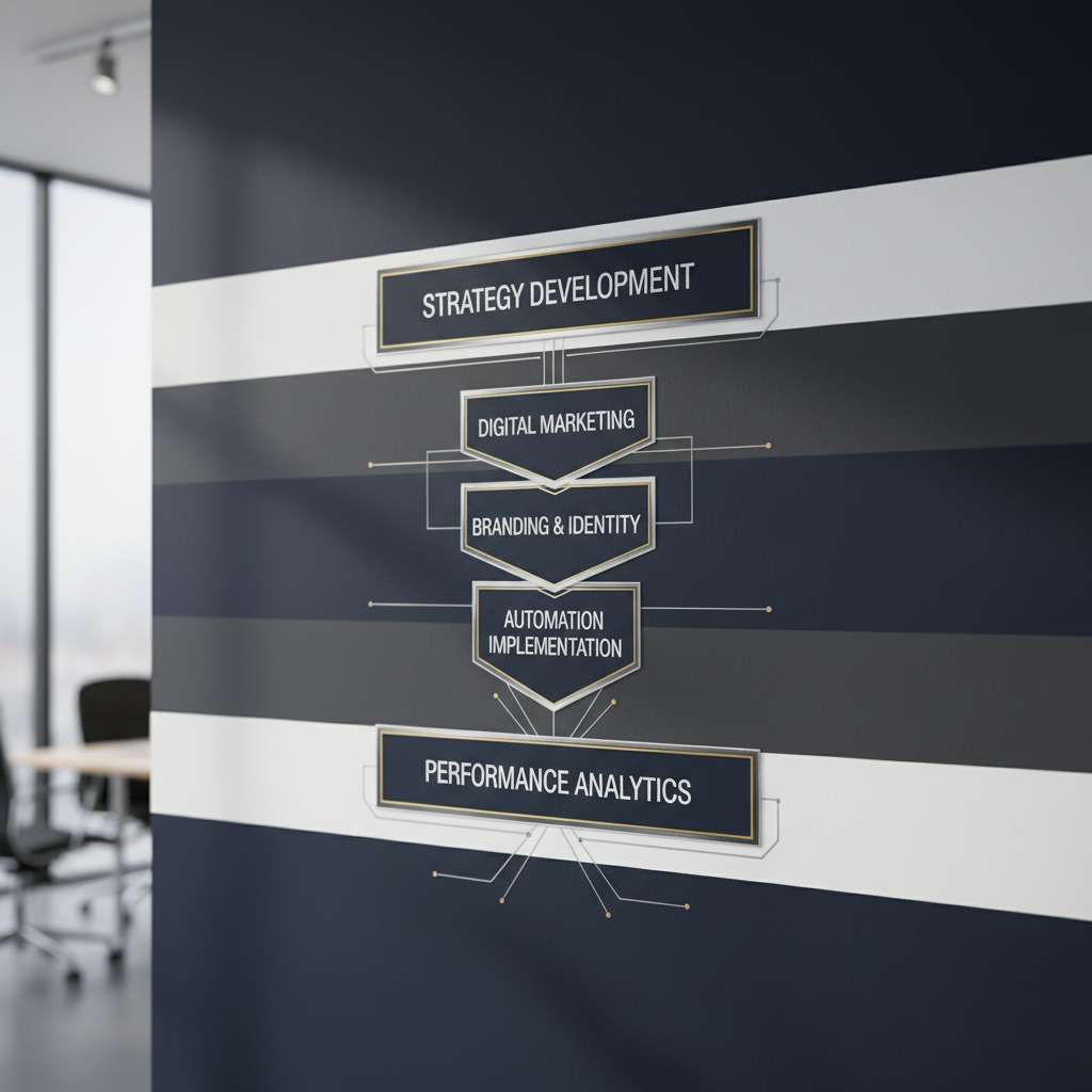 An infographic showing a layered, geometric framework with distinct sections labeled 'Strategy Development', 'Digital Marketing', 'Branding & Identity', 'Automation Implementation', and 'Performance Analytics', illustrating the comprehensive services offered in marketing consulting.