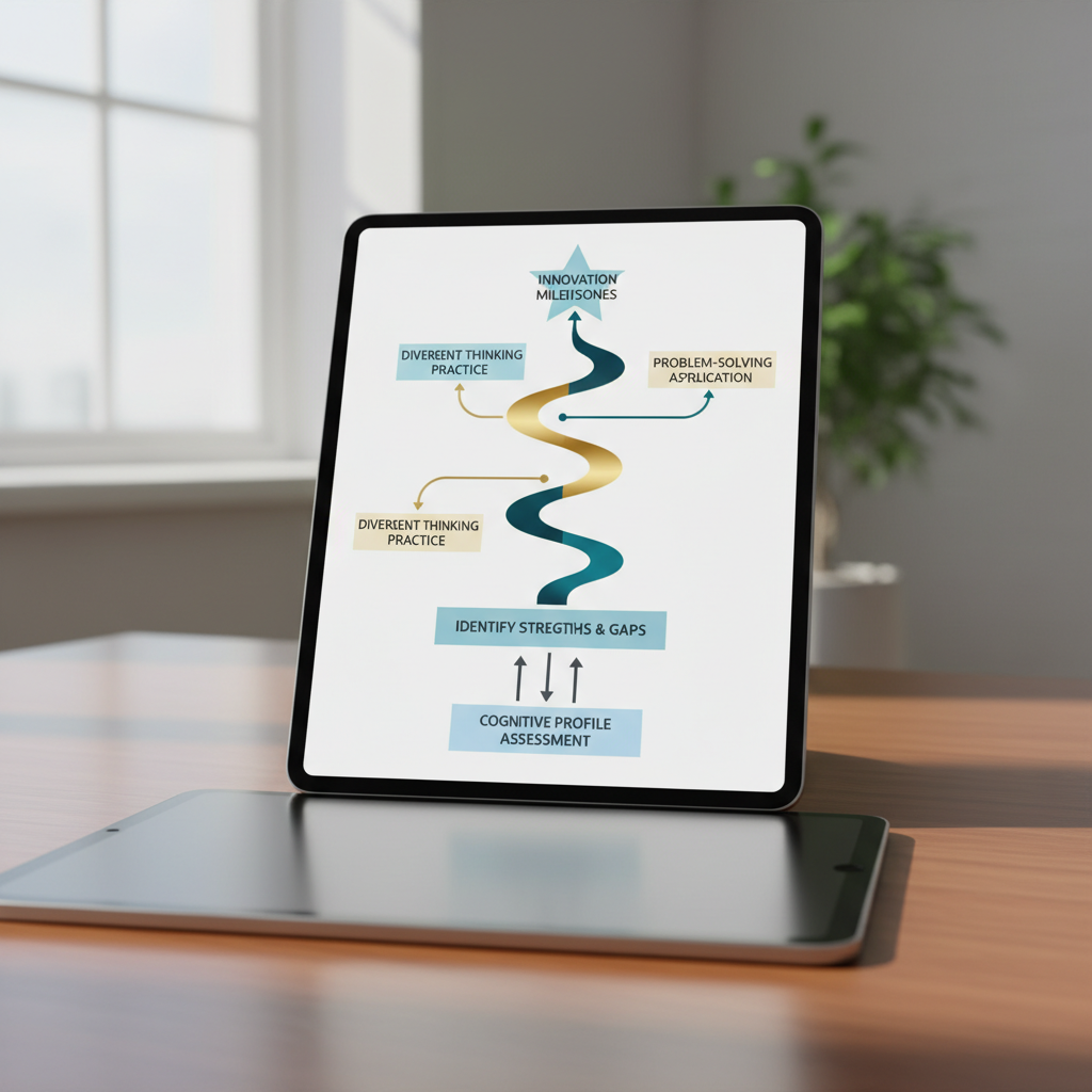 An infographic showing a layered pathway from cognitive profile assessment to fostering creativity, highlighting steps like identifying strengths and applying creative strategies.