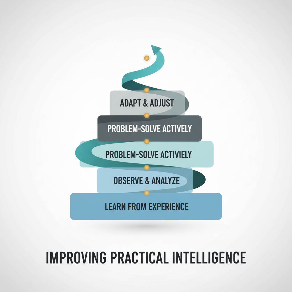 An infographic showing a layered progression of steps and actionable strategies designed to improve and develop Practical Intelligence, featuring abstract geometric forms.