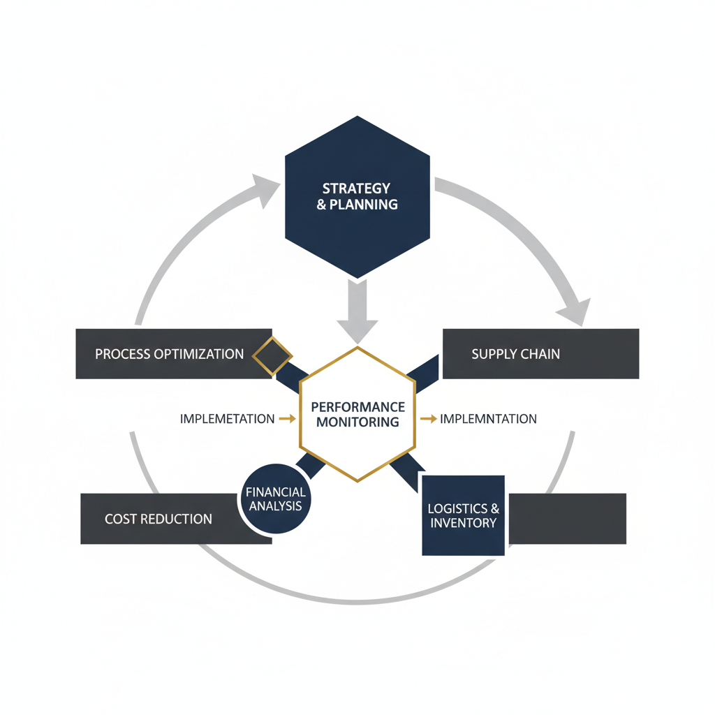 An infographic showing a multi-faceted, interconnected geometric diagram with short labels, illustrating the key responsibilities of an operations management consultant in deep navy, charcoal, white, and silver accents.