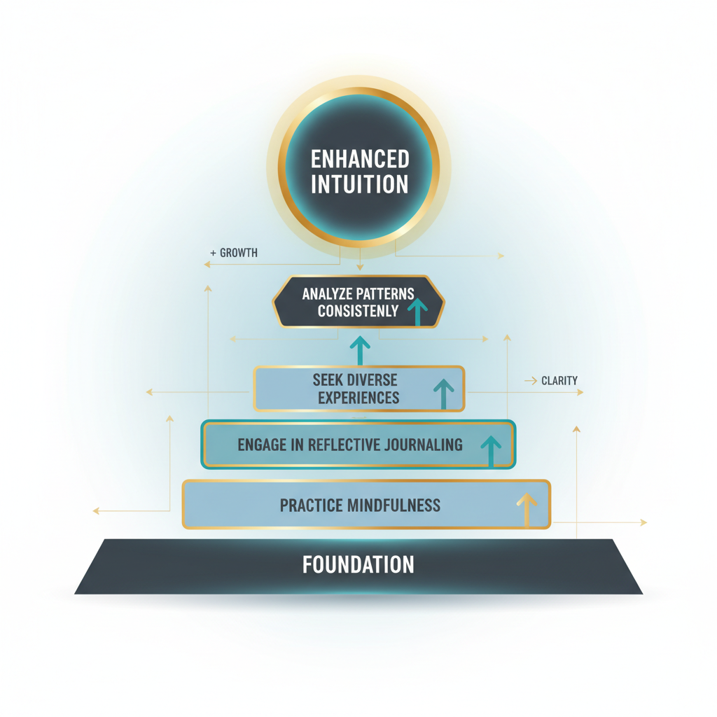 An infographic showing a multi-layered progression or pathway with distinct steps, illustrating various strategies and actions to improve and develop one's intuition.