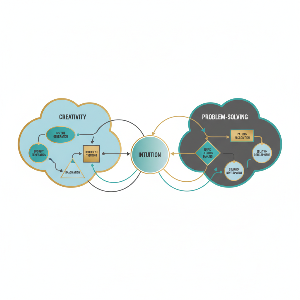 An infographic showing a network diagram illustrating how intuition connects to and influences creativity and problem-solving, with key concepts like insight and pattern recognition linked visually.