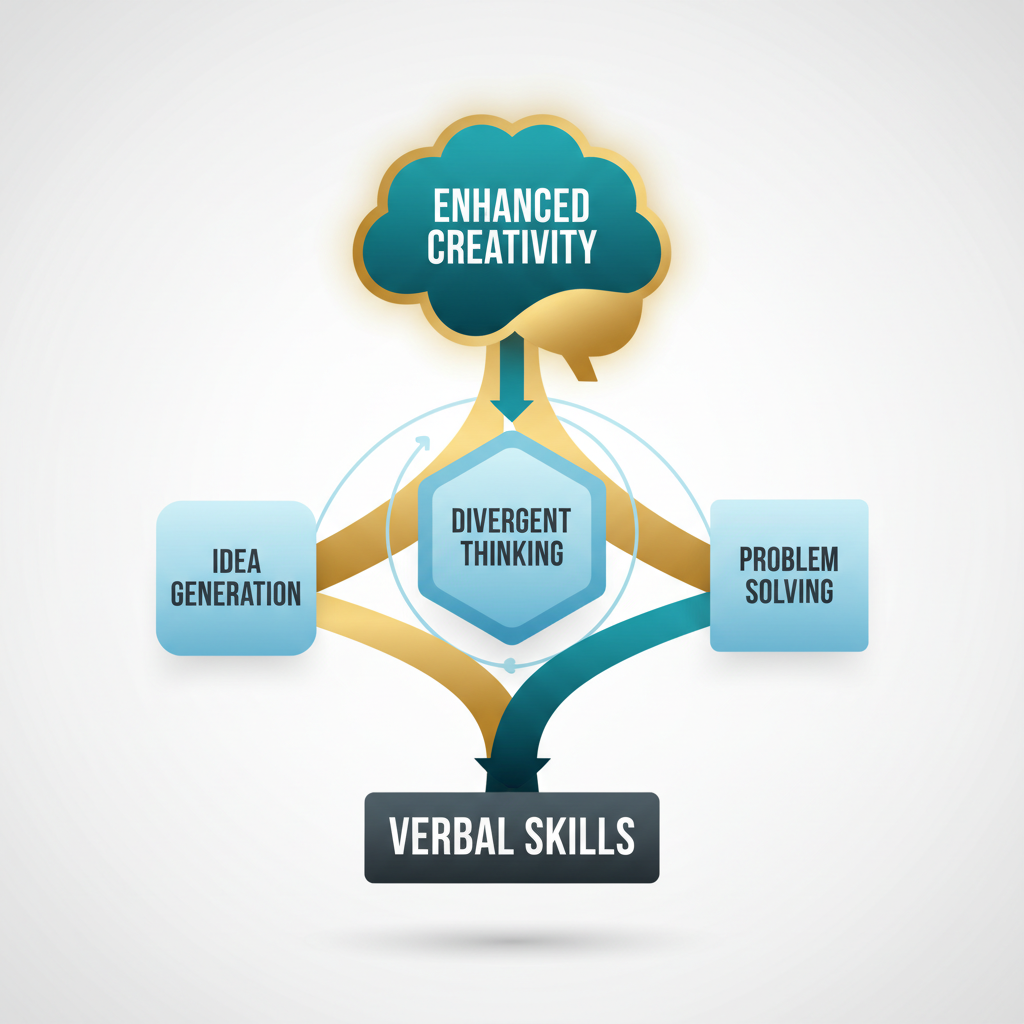 An infographic showing a pathway from foundational verbal skills through idea generation and problem-solving, leading to enhanced creativity.