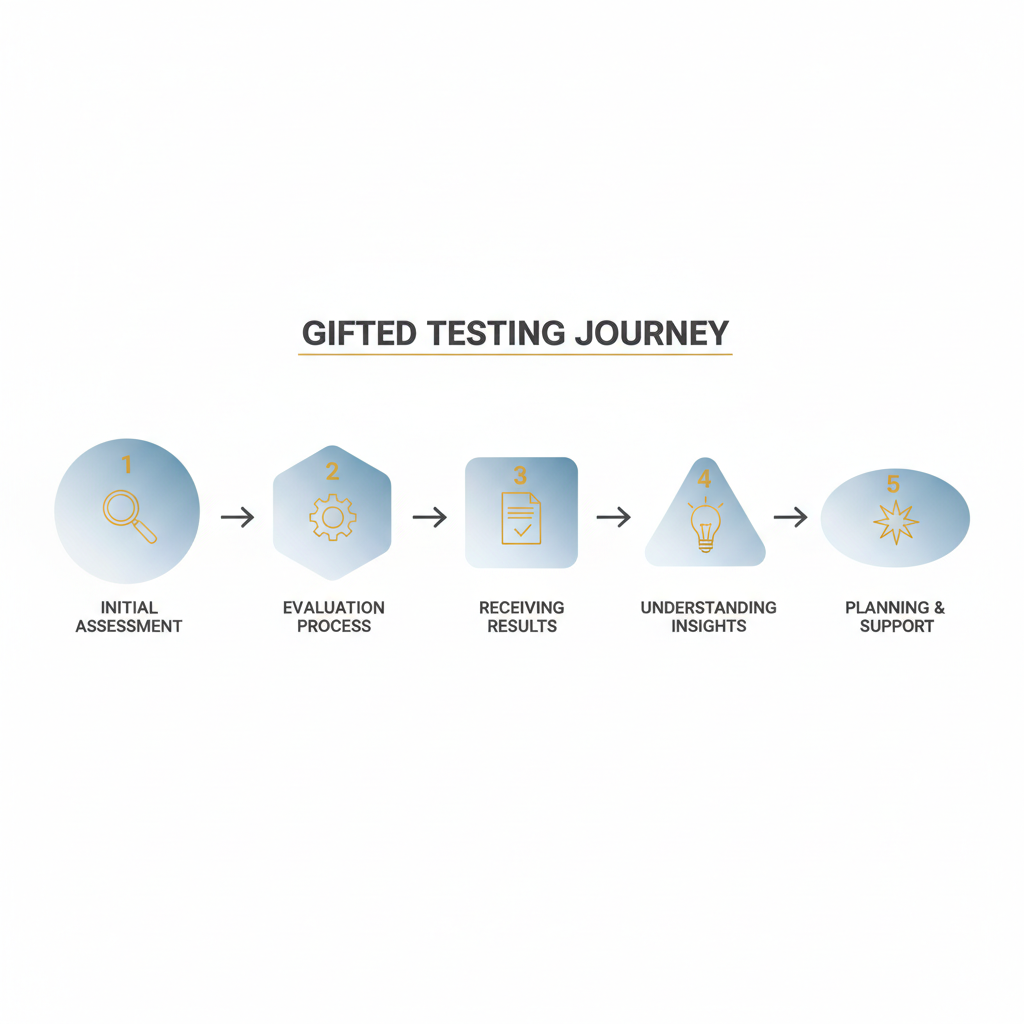An infographic showing a sequential process flow for navigating gifted testing, represented by numbered geometric shapes connected by lines, each with a minimalist abstract icon.
