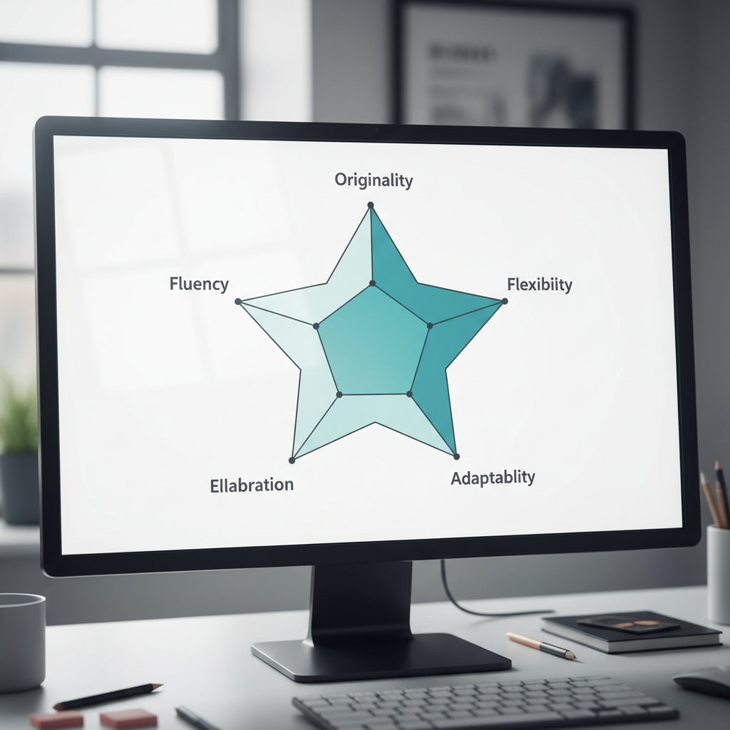 An infographic showing a star-shaped competency graph with axes labeled for various creative strengths like originality and flexibility, filled with subtle gradients to indicate assessment scores.