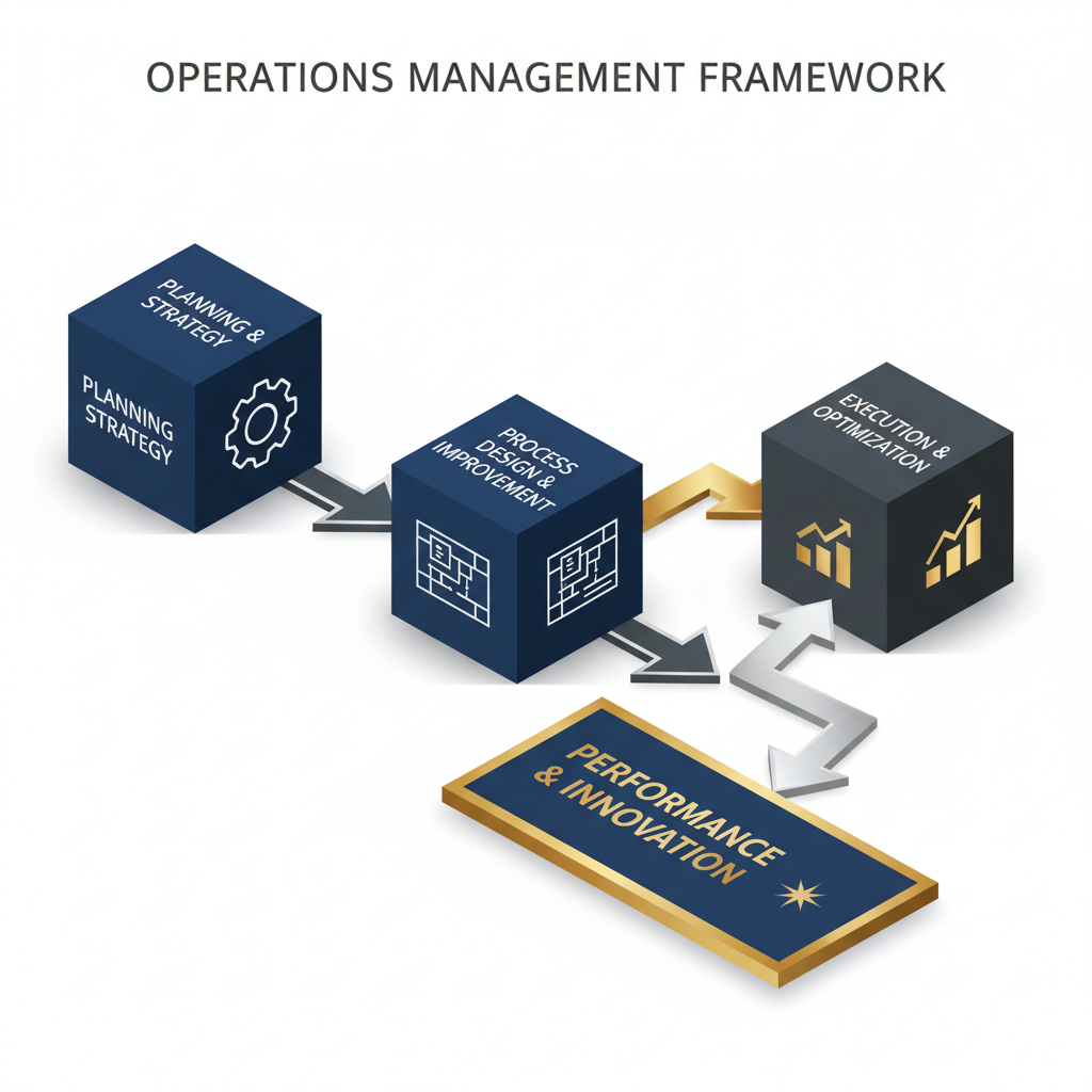 An infographic showing a step-by-step workflow diagram with isometric geometric shapes and short labels, illustrating how to apply operations management principles, in deep navy, charcoal, white, and gold accents.