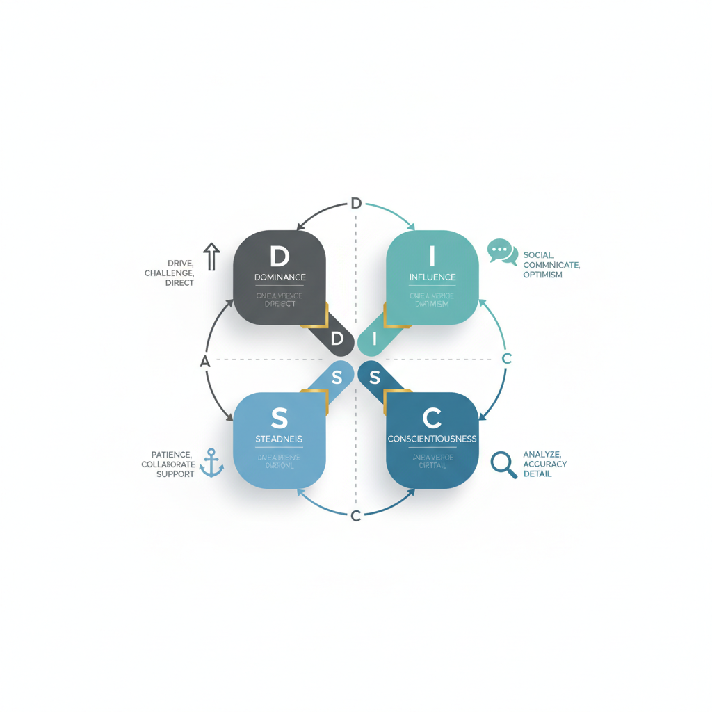 An infographic showing four interconnected nodes representing the DISC personality types: Dominance, Influence, Steadiness, and Conscientiousness, with their core attributes.