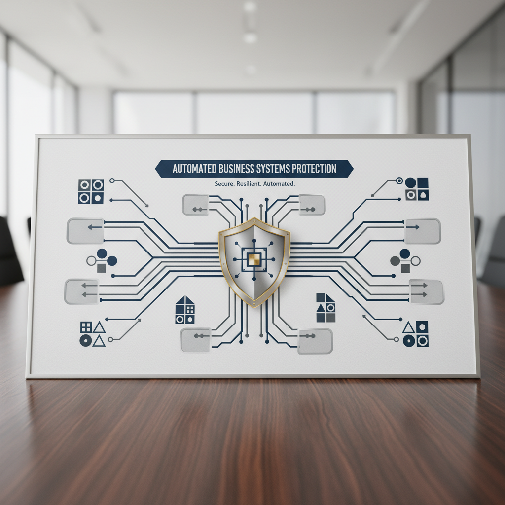 An infographic showing how a consultant protects automated business systems, featuring a secure network diagram with a protective shield.