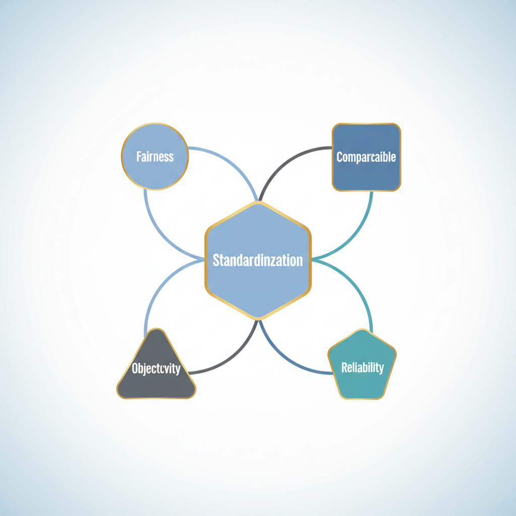 An infographic showing 'Standardized Psychology' as a central concept branching out to 'Fairness', 'Comparability', 'Objectivity', and 'Reliability' with geometric shapes and lines.