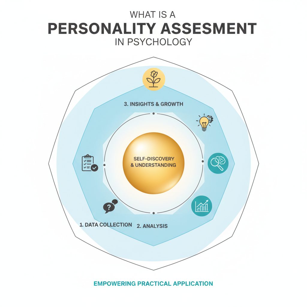 An infographic showing the conceptual process and components of a personality assessment as a layered, geometric diagram.