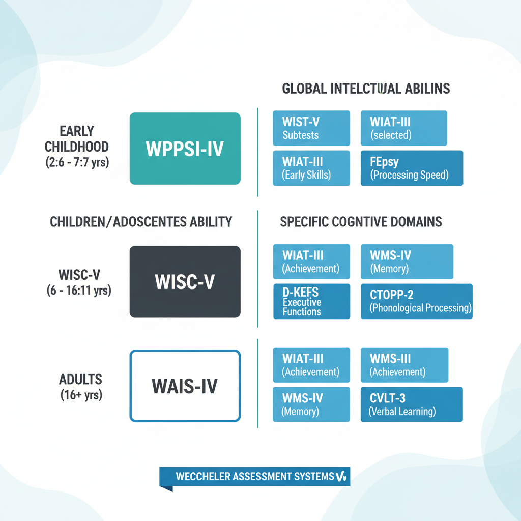 An infographic showing the different types of Wechsler Intelligence Tests, categorized by age group and purpose, presented as a structured chart.