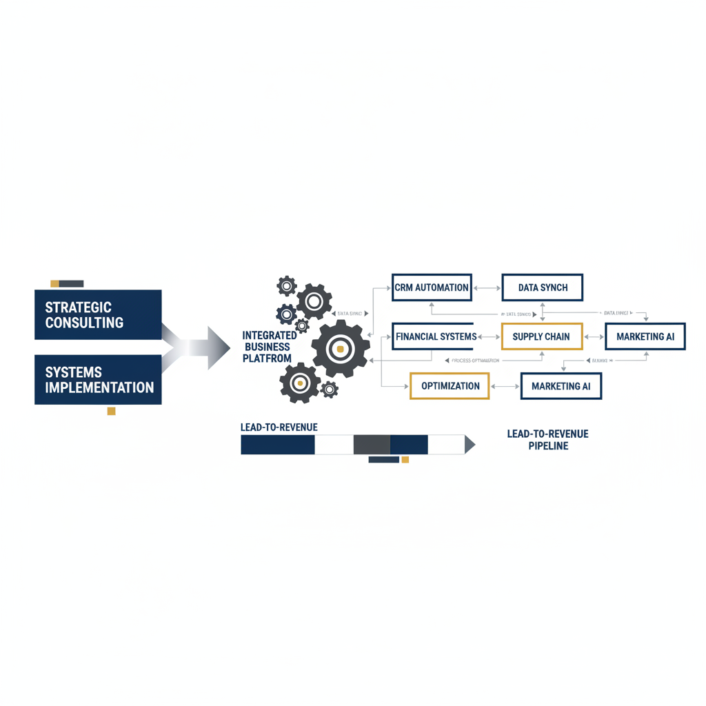 An infographic showing the integration of consulting with automated business systems, represented by interconnected geometric modules and workflow arrows.