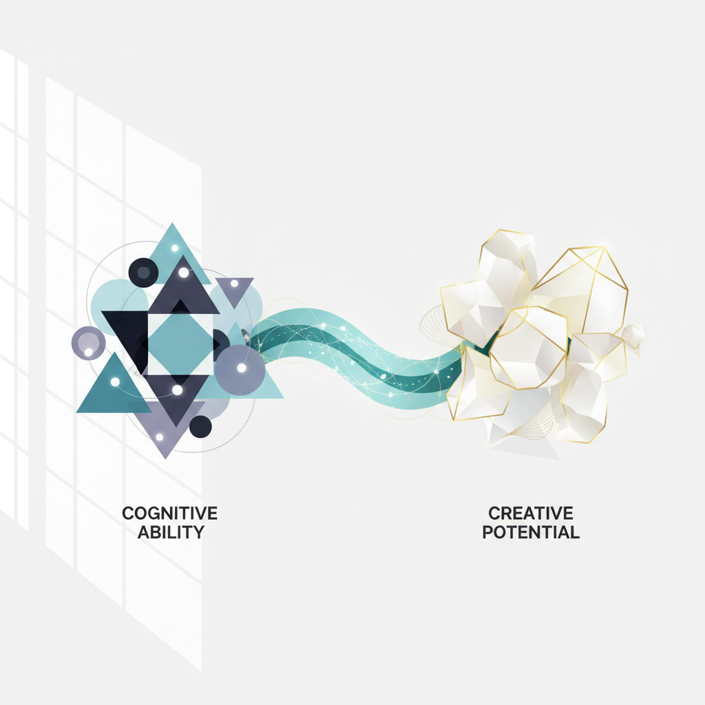 An infographic showing two interconnected clusters of geometric shapes, one labeled 'Cognitive Ability' and the other 'Creative Potential', illustrating their relationship.