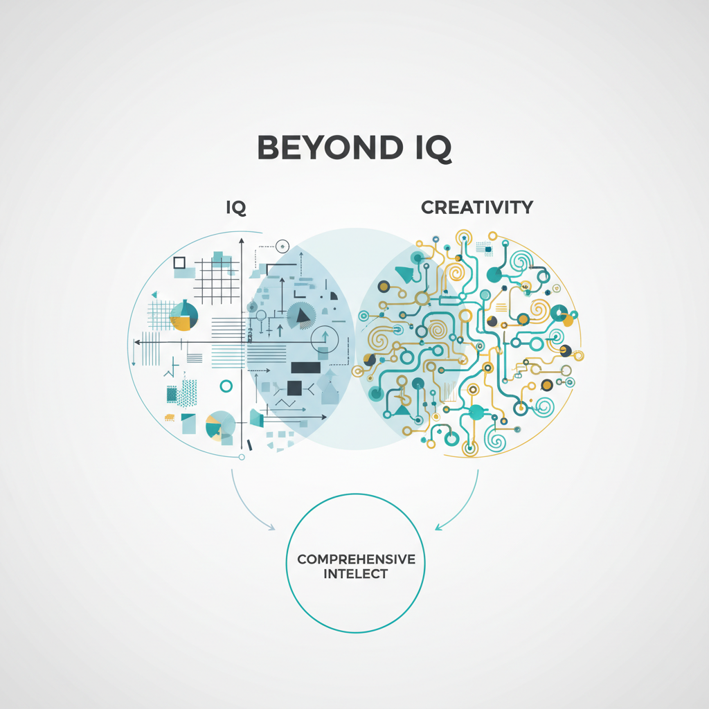 An infographic showing two overlapping conceptual spheres, one for IQ with structured lines and one for Creativity with flowing patterns, illustrating a more complete understanding when both are measured.