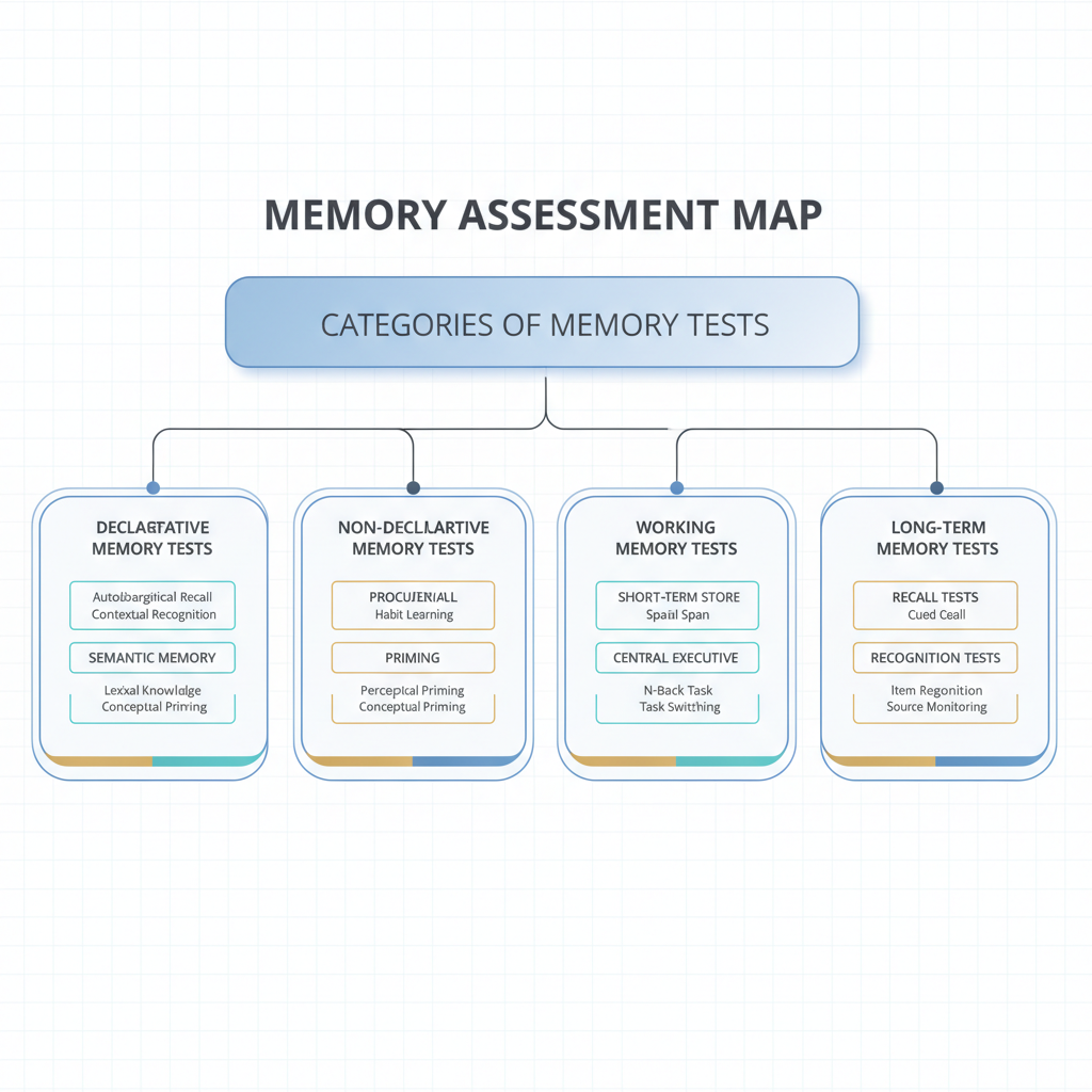 An infographic showing various types of memory tests in psychology, presented as a structured competency map with distinct categories and clean geometric shapes.