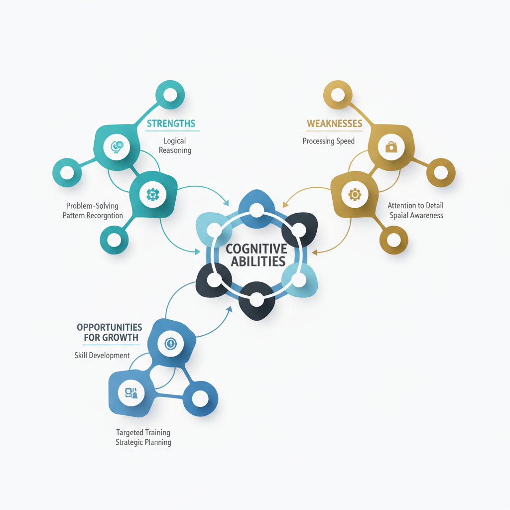 An infographic using a cognitive network diagram to illustrate insights into cognitive abilities, revealing strengths, weaknesses, and opportunities.