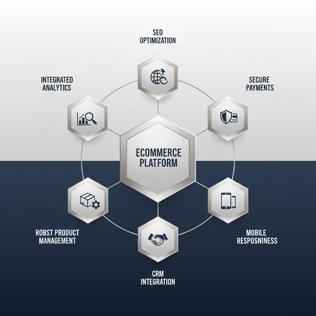 An infographic visualizing a multi-layered hexagonal framework with 'Ecommerce Platform' at its center, surrounded by segments representing core features like 'Secure Payments', 'Mobile Responsiveness', and 'CRM Integration'.